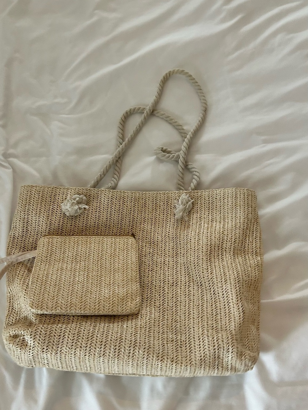 Woven Straw Tote Beach Bag with Rope Handles - Natural